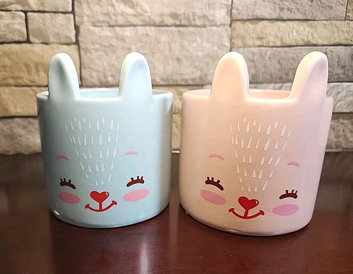 Pink & Blue Hunnie Bunnies Pair  Planters/Candle Holders w/tail Bumps