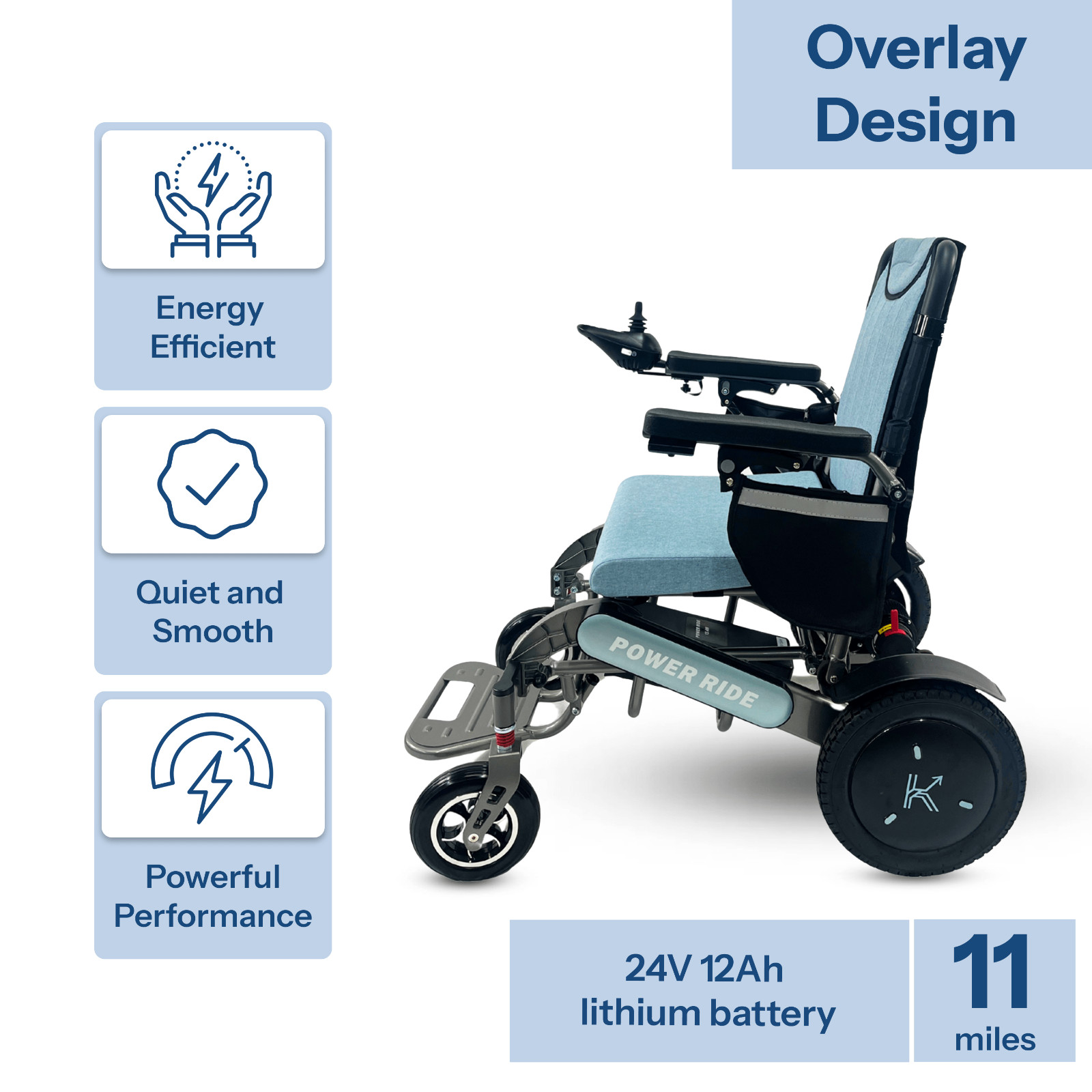 Blue Power Ride Foldable Aluminum Electric Wheelchair 352 lbs Max 11 Miles Range