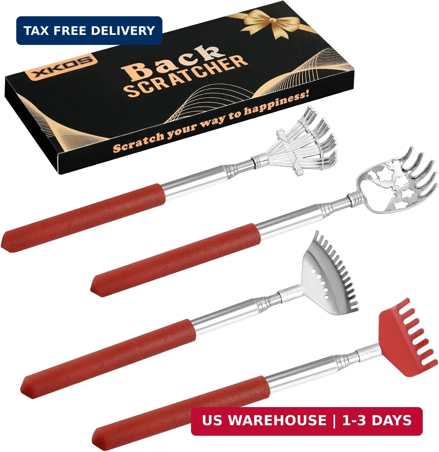 XKOS 4 Pack Different Back Scratcher Portable Telescoping with Rubber Red