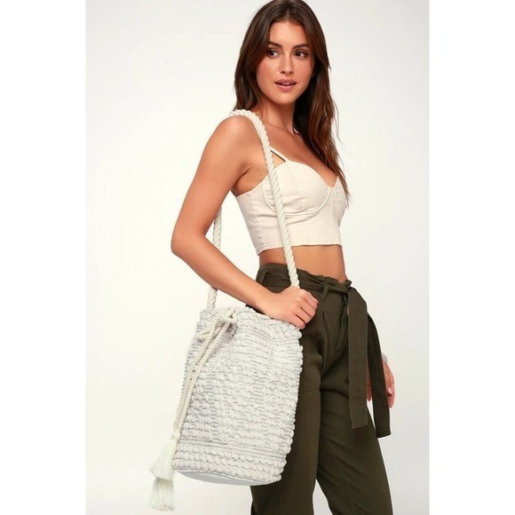 Do Everything In Love Tassels Cotton Rope Bohemian Bucket Shoulder Bag Cream