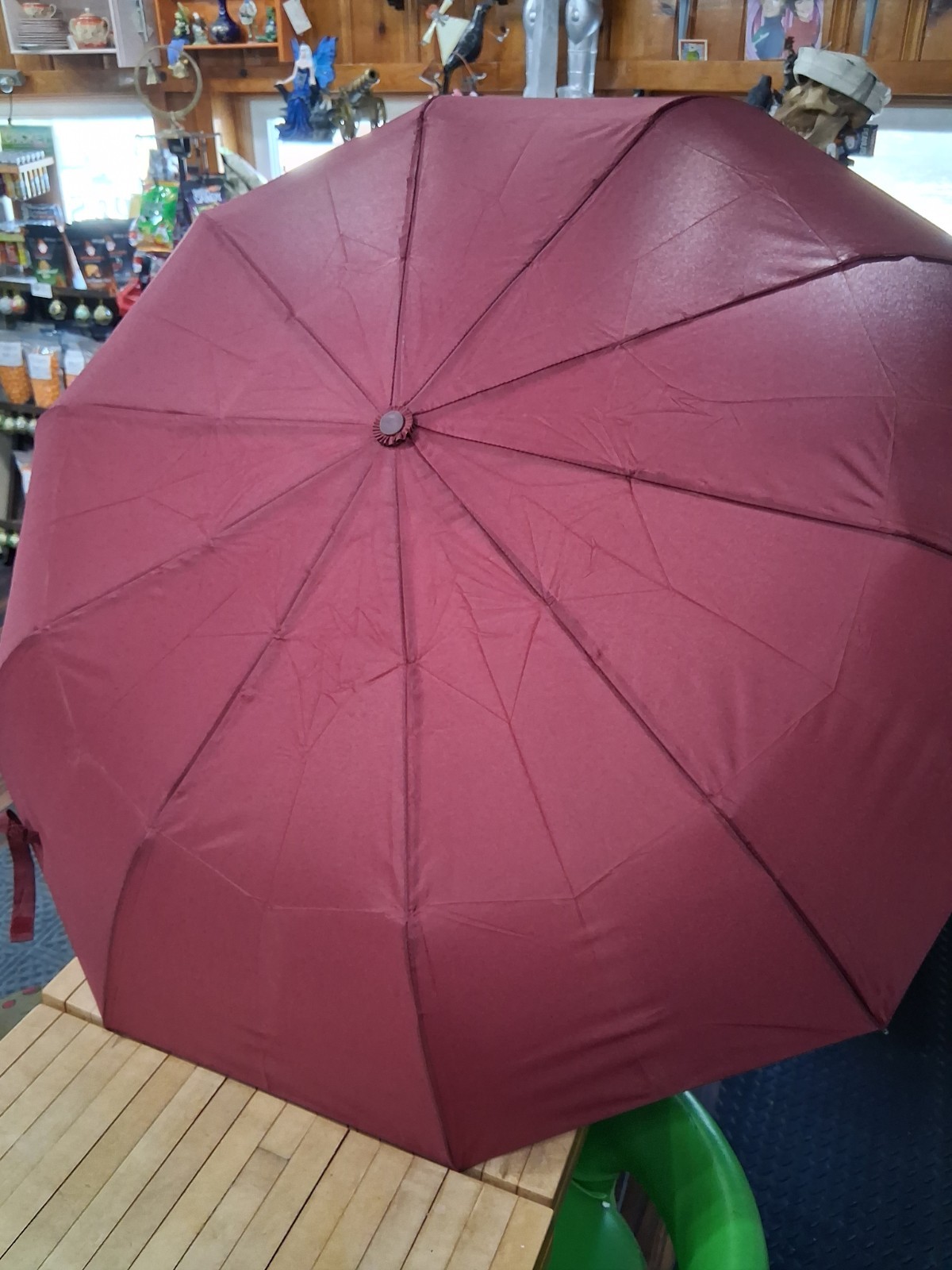 Red Double Canopy Automatic Umbrella with Curved Wood Handle