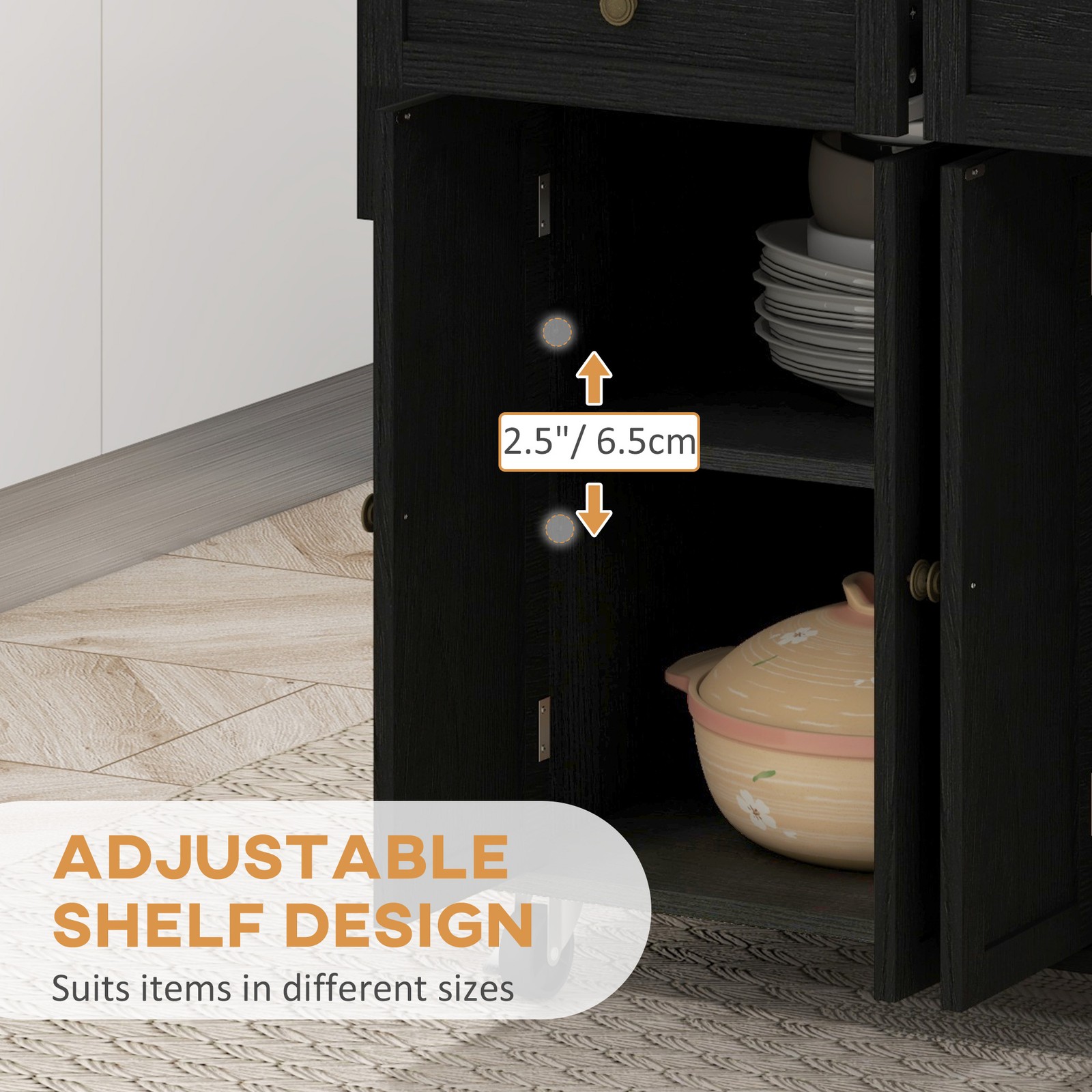 Modern Rolling Kitchen Island Cart with Spice Rack, Distressed Black