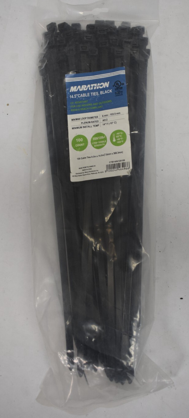 Lot of 100 Marathon 14.5" Cable Ties Black Plastic Barb Type 120lb Strength