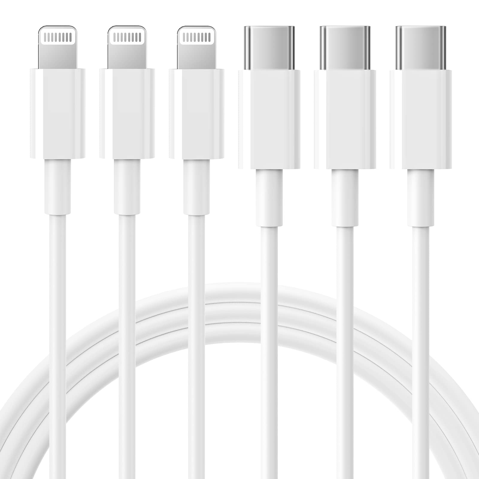 RCTech USB C to Lightning Cable 3Pack 6FT MFi Certified iPhone 6 feet, White
