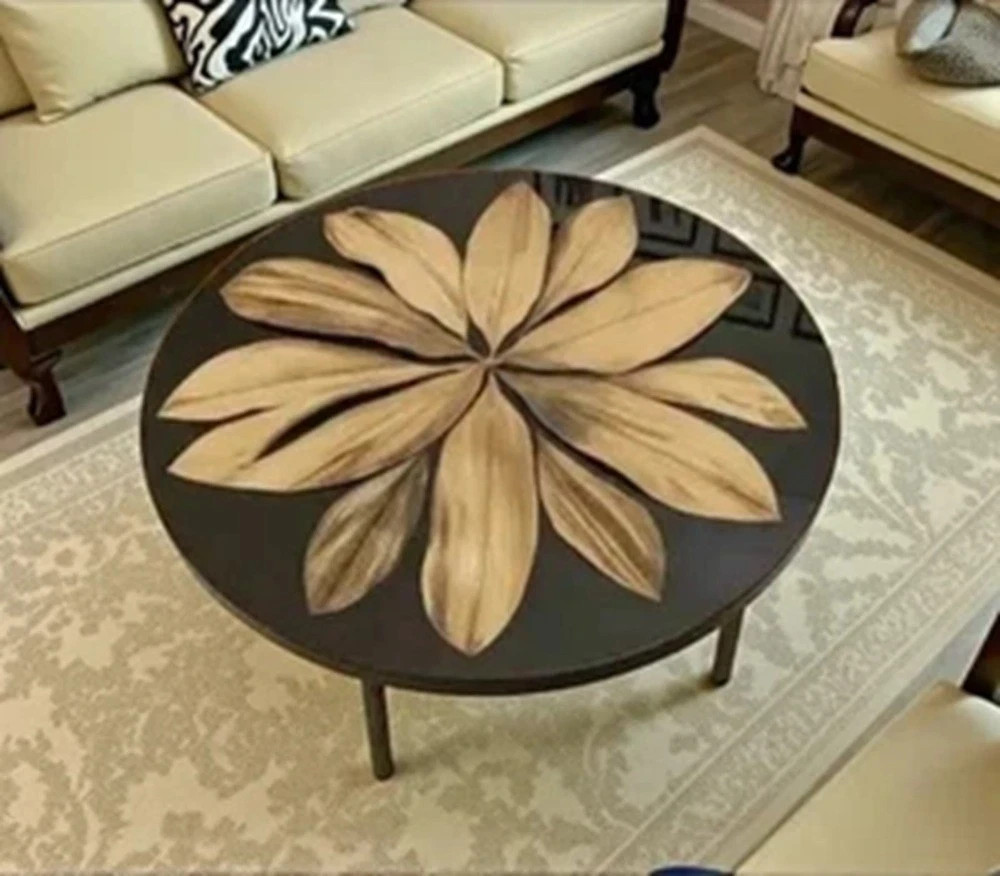 Handmade Round Resin Coffee Table Golden Leaf Pattern Wood Inlay Art Black Epoxy