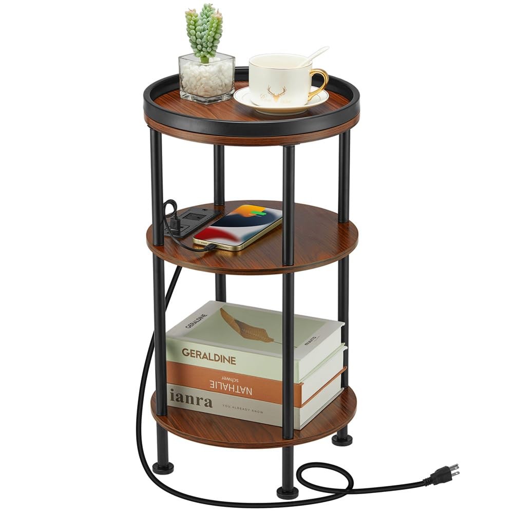 Small Round Side Table with Charging Station 3-Tier Accent USB Ports Cherry