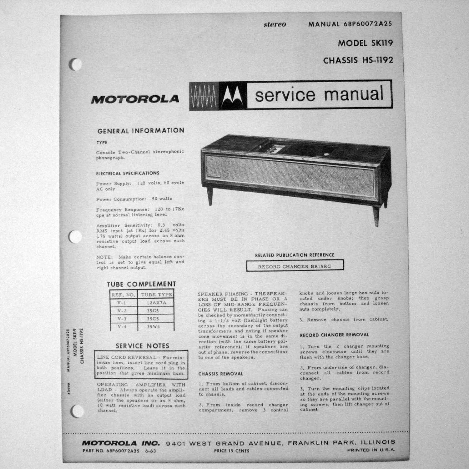 Motorola ® Model SK119 HS-1192 Console Phono Phonograph Service Manual © 1963