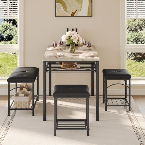 Dining Table Set for 4 with Upholstered Benches and 2 Stools, Modern Grey
