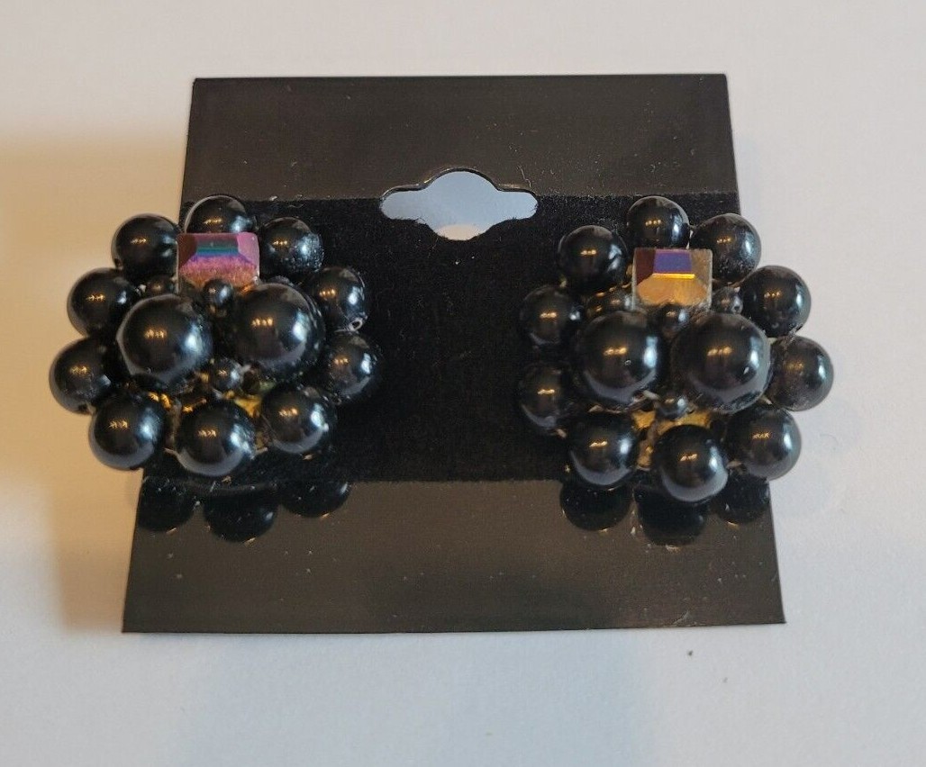 Vintage Pair Clip On Cluster Earrings Black beads With Square Prism inside