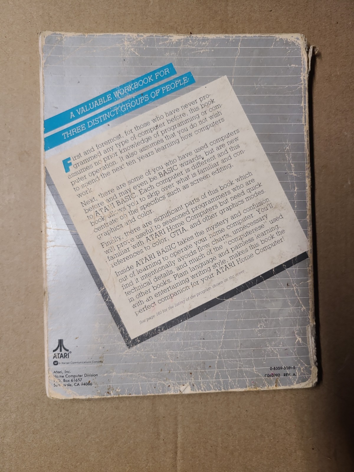 INSIDE Atari BASIC MANUAL cover Atari 400/800/XL/XE Creased cover Vintage