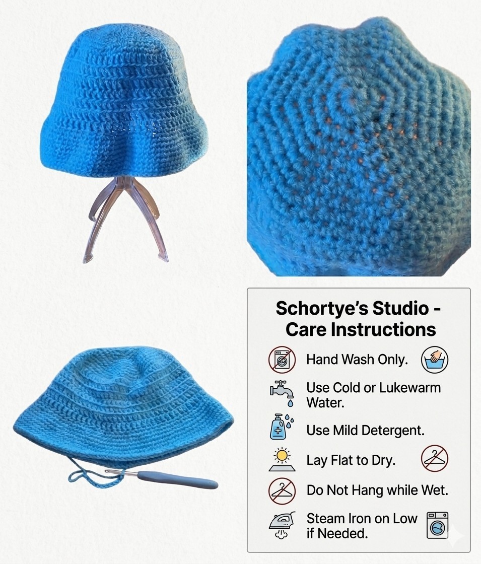 Handmade Crochet Blue Bucket Hat Premium Anti-Pilling Acrylic Boho Festival OS