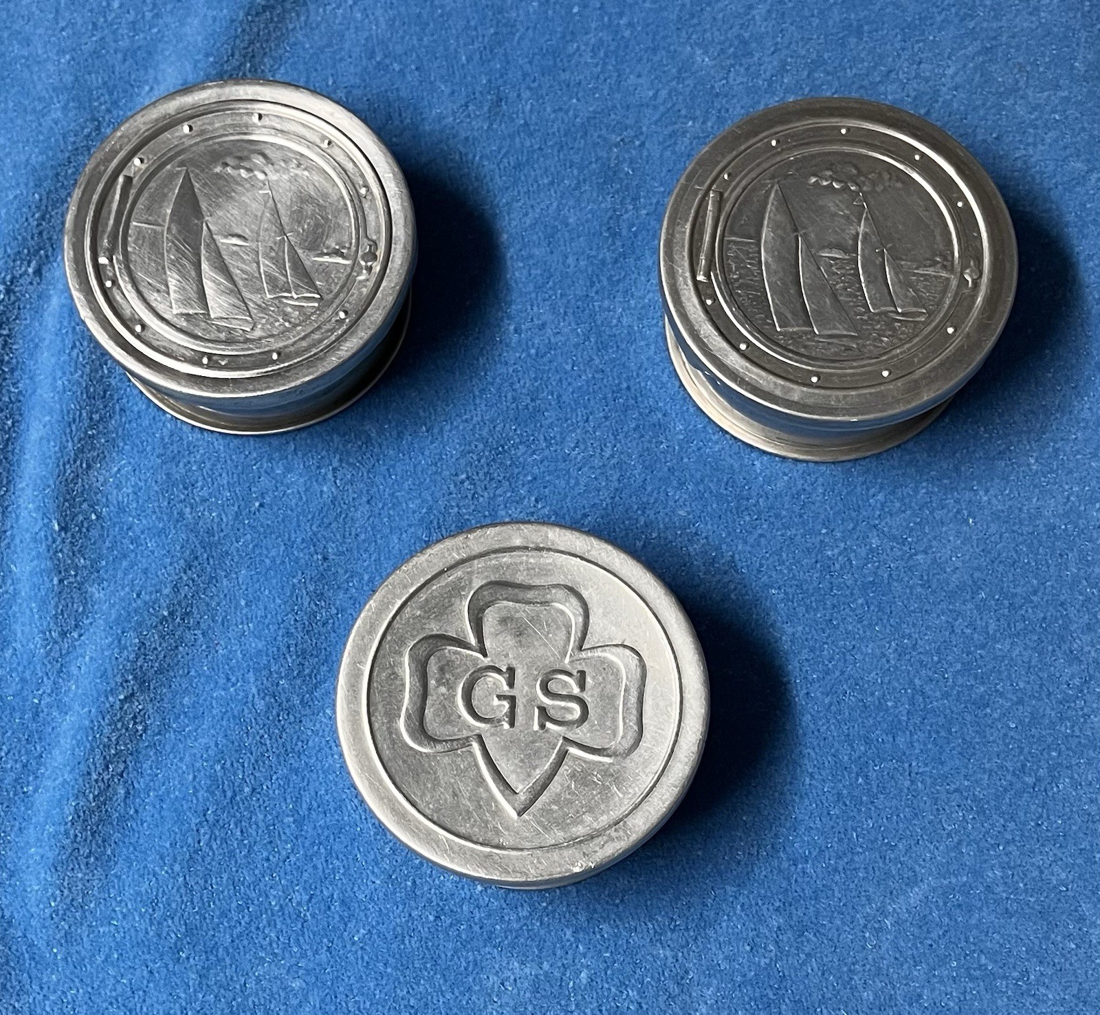 3 Vintage Aluminum Colapsible Cups Sailboat Nautical Girl Scouts