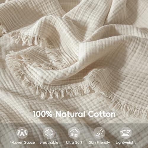 Muslin Fringe Blanket for Adults 100% Cotton 4-Layer Throw (50" × 60") Beige