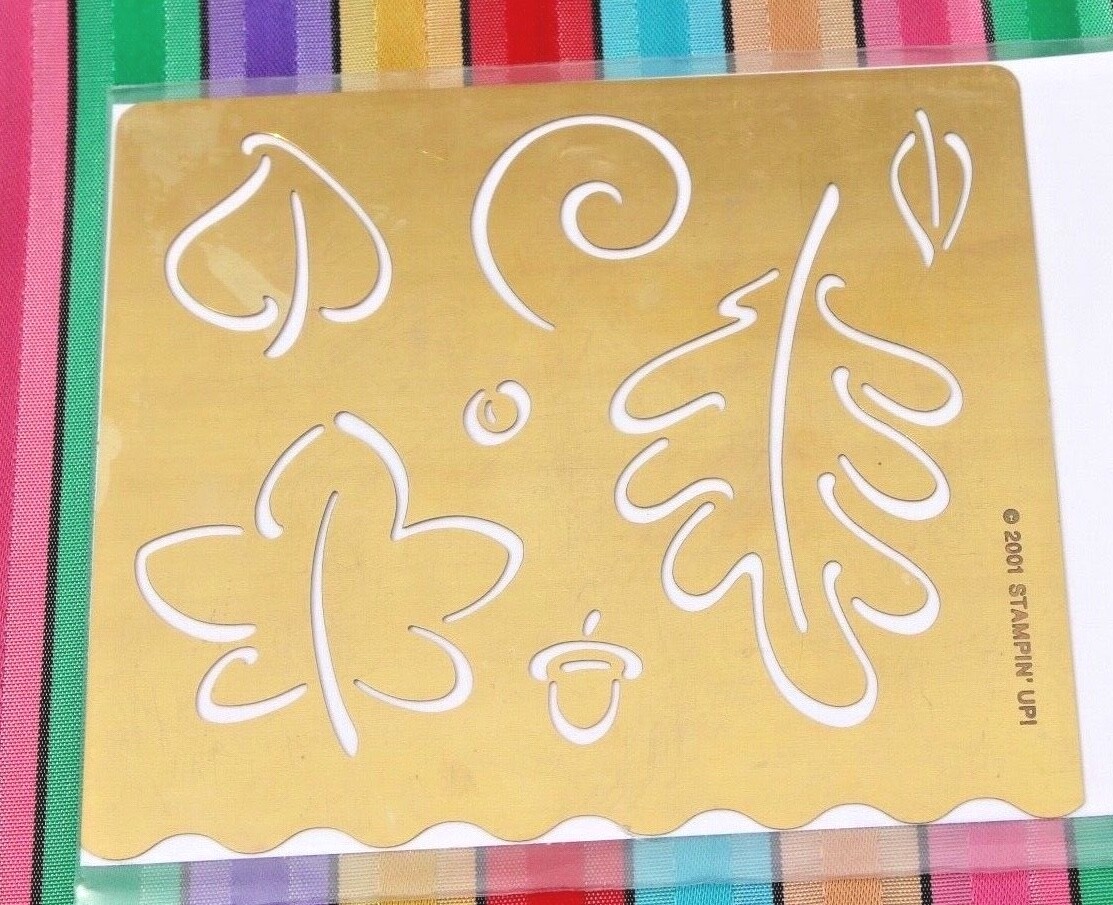 Stampin’ Up Classy Brass Template Emboss Oak Maple Redbud Leaves, Acorn, Border