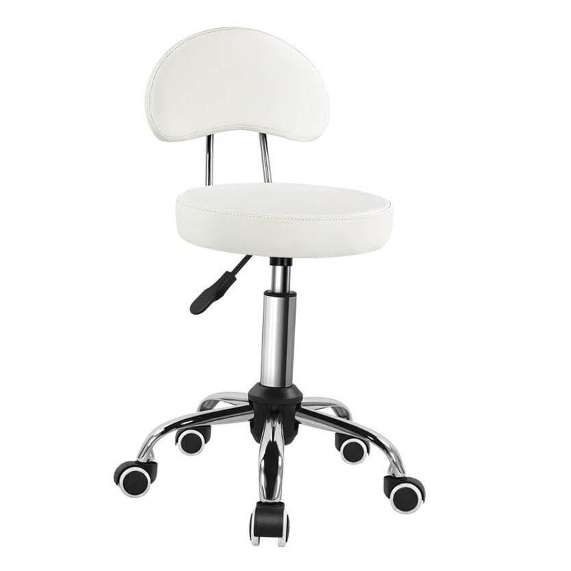Rolling Stool with Mid Back Height Adjustable Chair PU Leather Swivel White