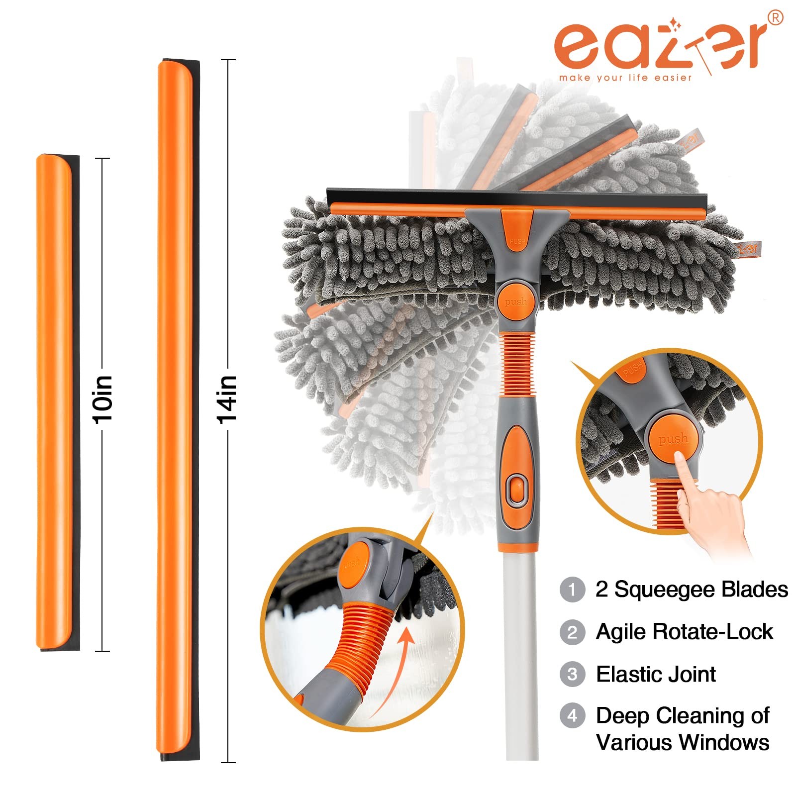 Eazer 89'' Squeegee Window Cleaner 2 in 1 89in, Orange, Gray, Silver