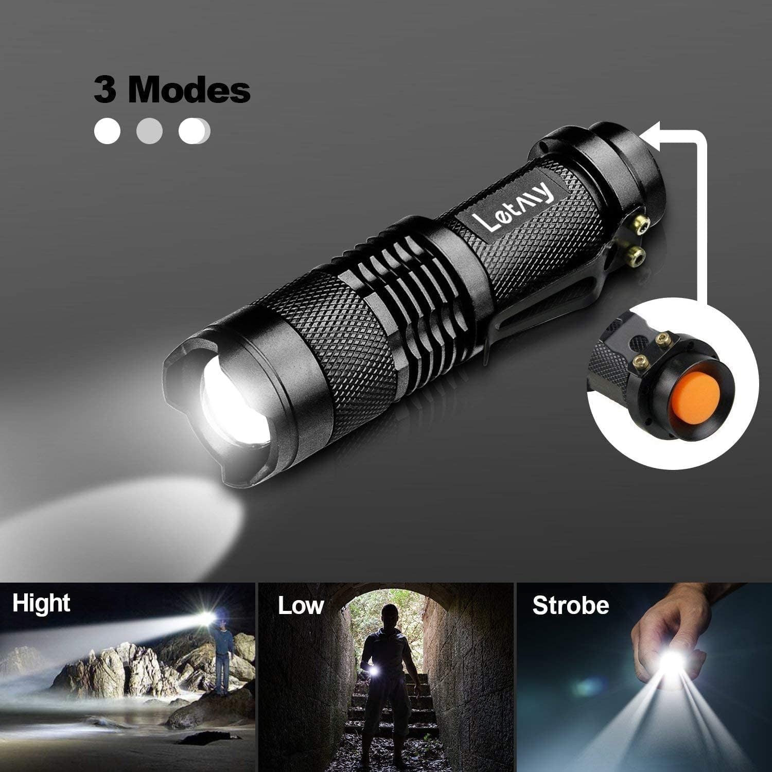 2-Pack Tactical LED Flashlights, Zoomable, 3 Modes, Waterproof, Belt Clip EDC