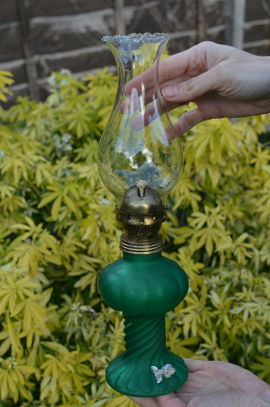 Vintage Unused Green Glass Paraffin / Kerosene Decorative Lamp ~35.5 cm Tall