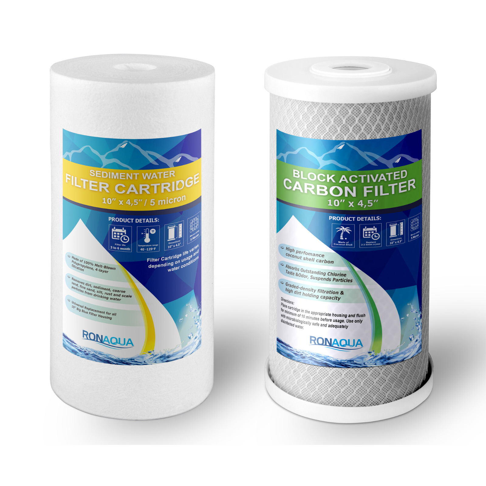 Big Blue  CTO Carbon Block &  Sediment Water Filters 4.5" x 10" Cartridges Set