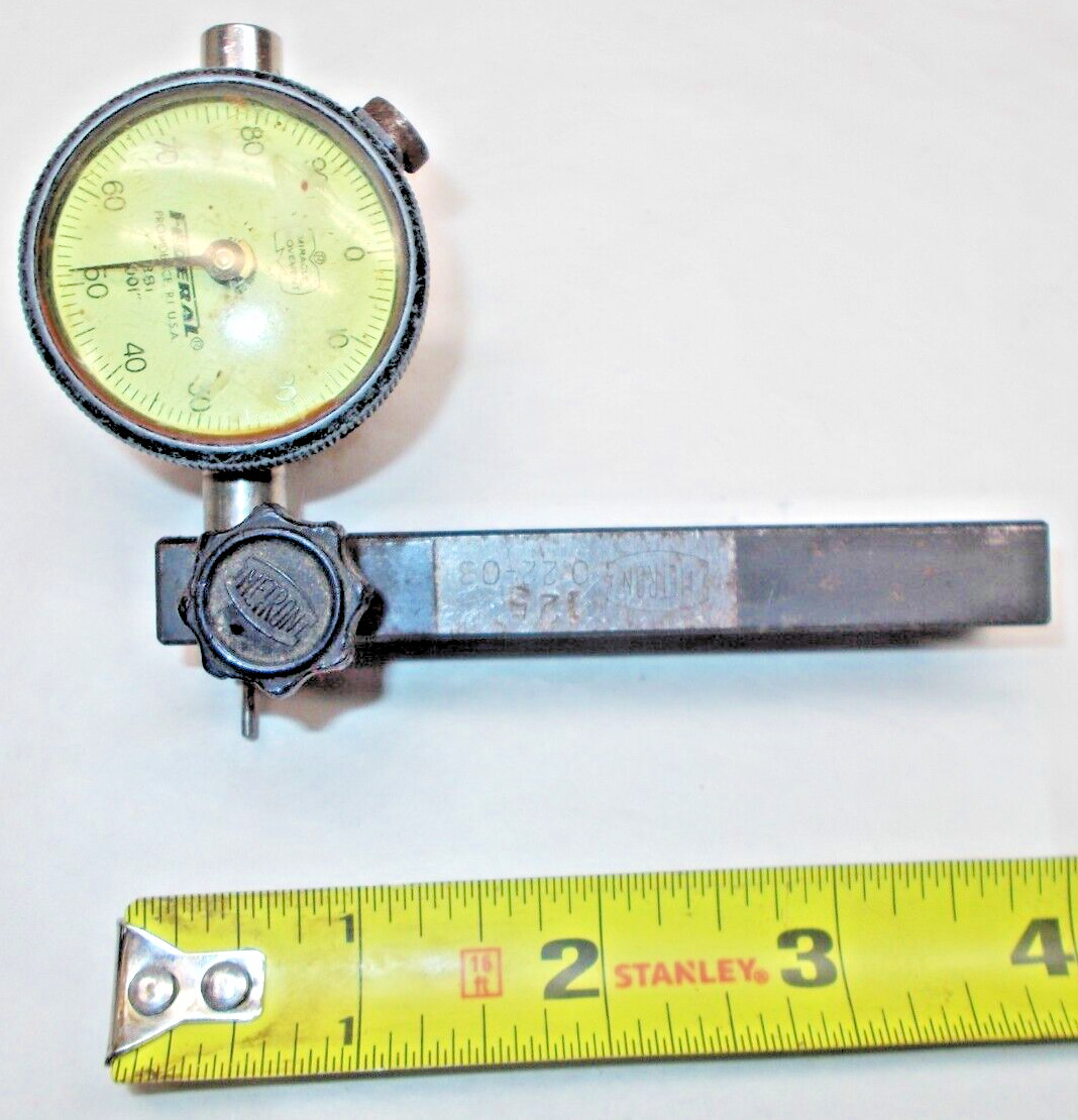 Dial Indicator, Federal B8I with Bracket, Machinists Tool, .25" Cap., .001", USA