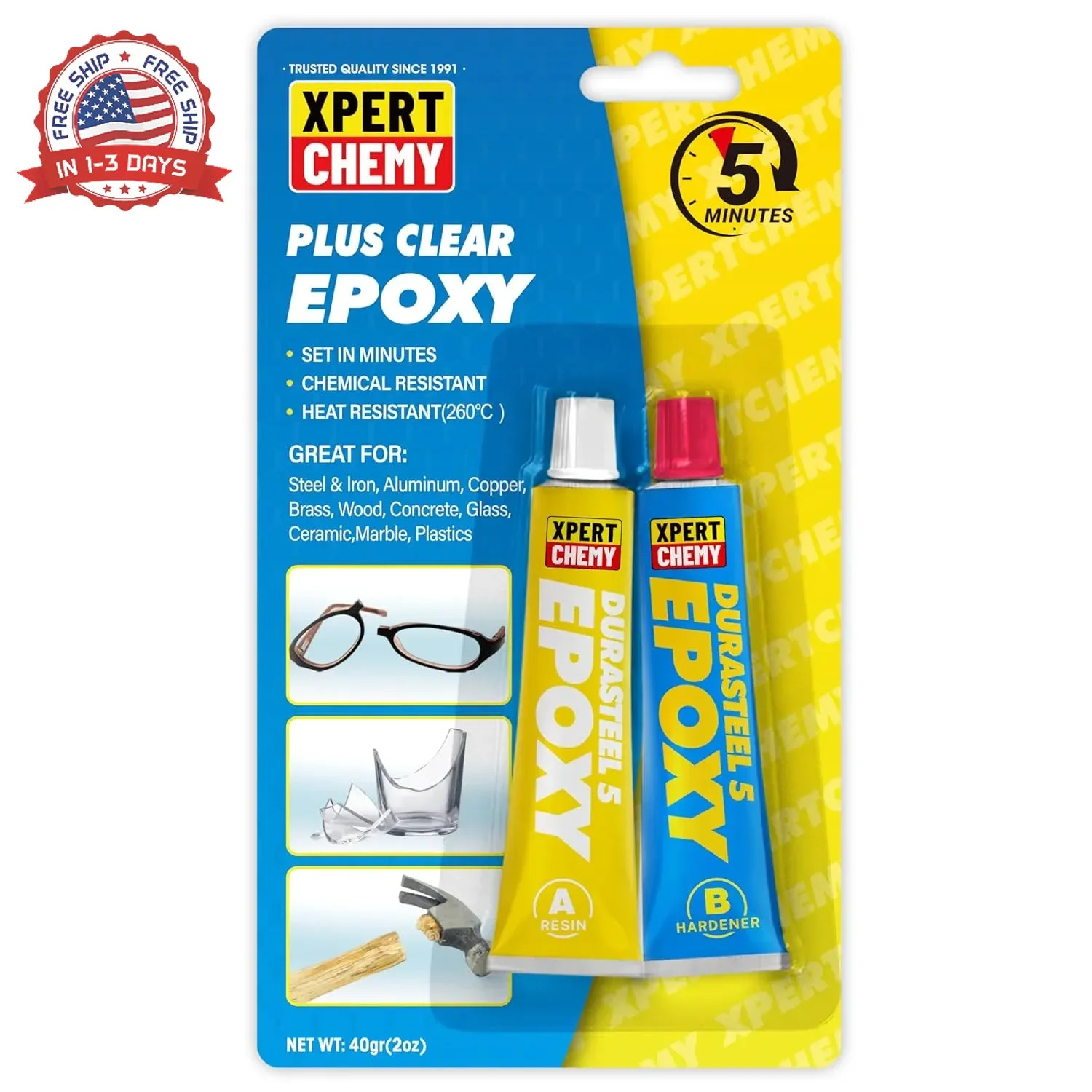 2 Part Epoxy Glue, 5 Minute Epoxy Adhesive, Rapid Cure Golf, Wood, Plastic and M