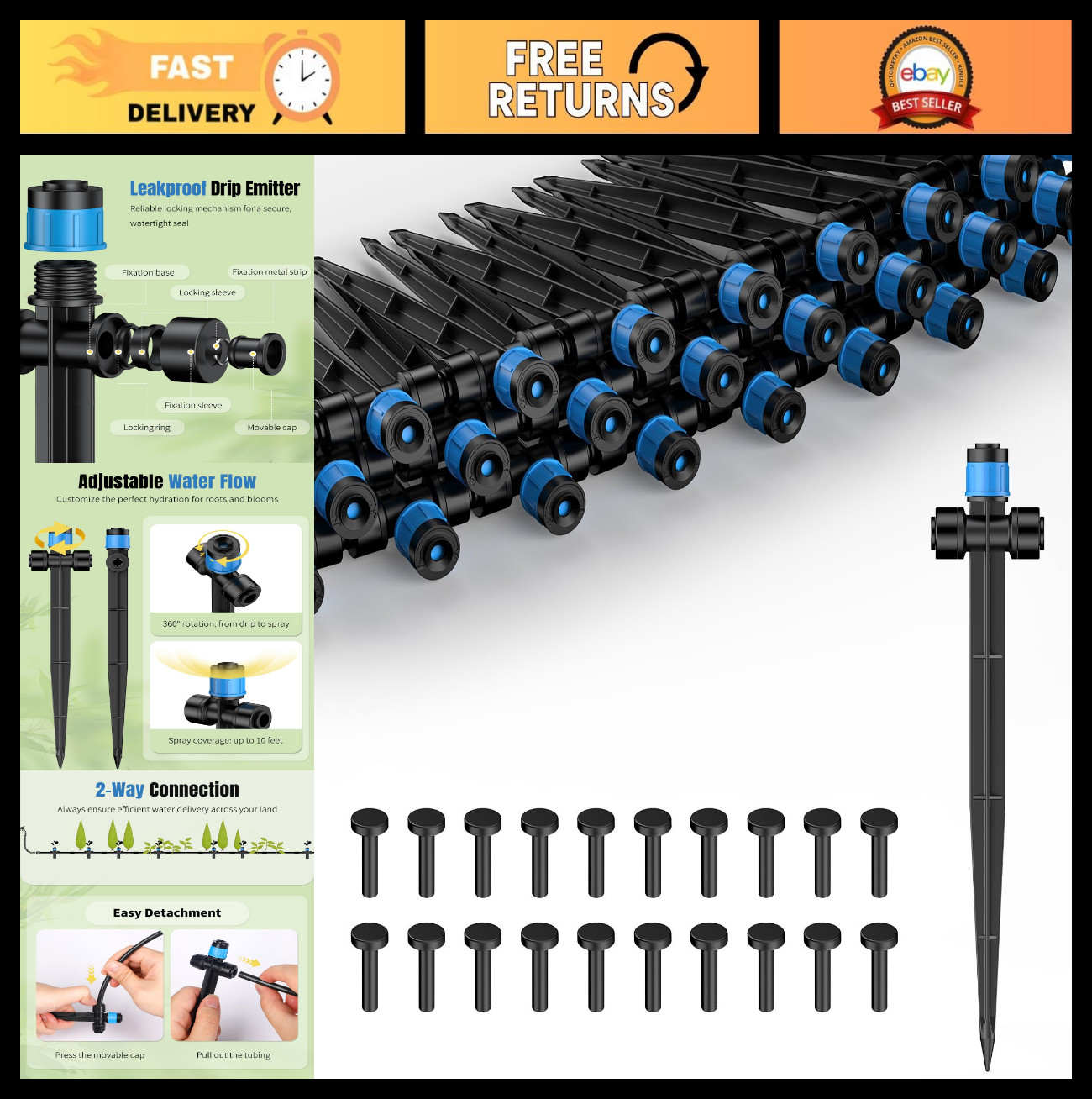 60 Pcs Drip Irrigation Emitters for 1/4" Tubing, Adjustable 360° Water Flow, Sta