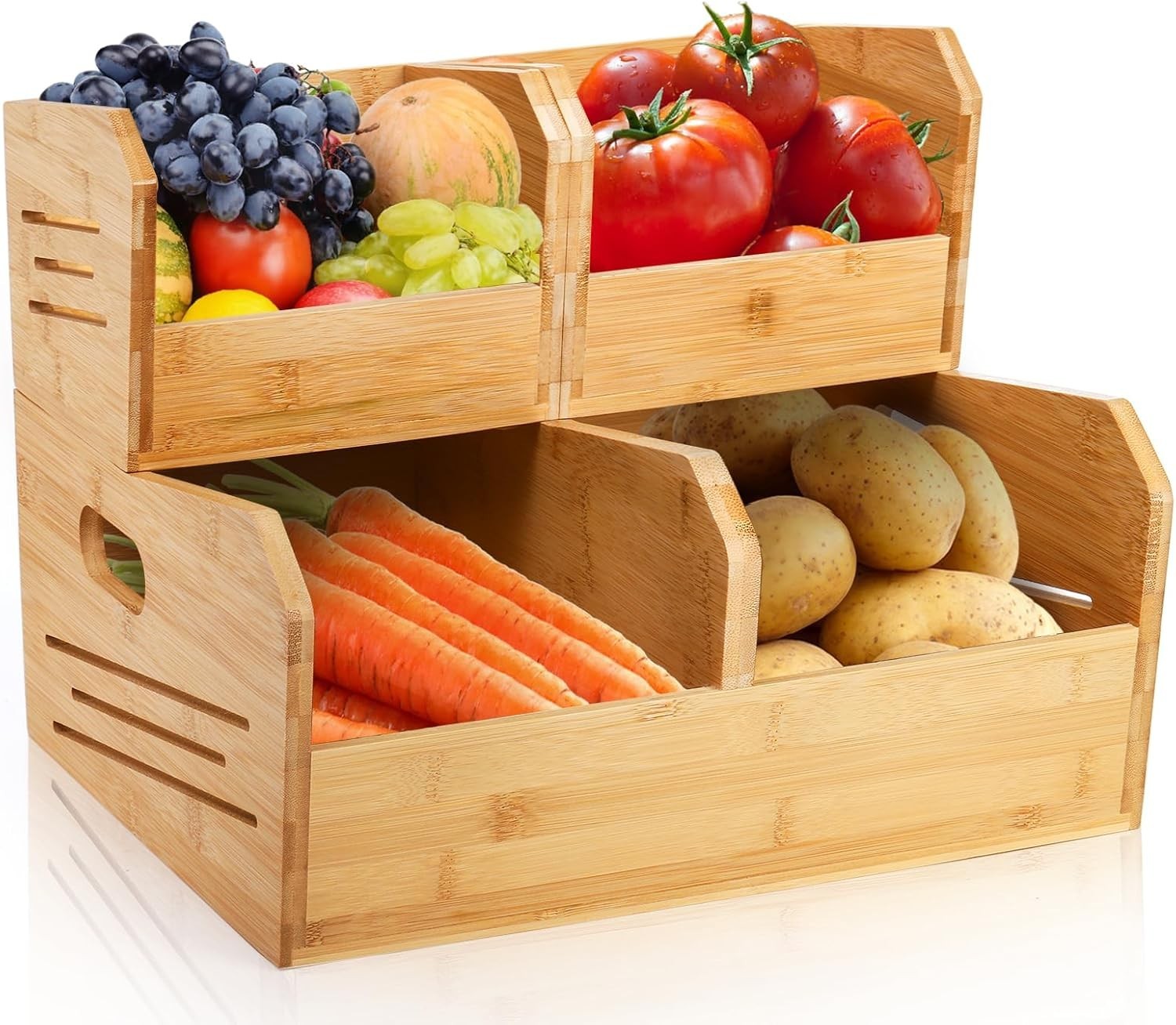 2 Tier Bamboo Stackable Storage Bins 4 Compartment Potato & Onion Storage