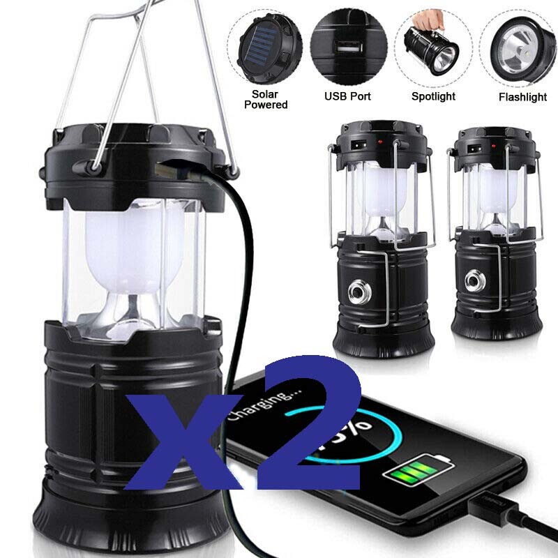 2PCS Solar Portable LED Flashlight Rechargeable Camping Tent Light Lamp Lantern