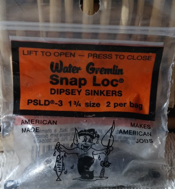 Water Gremlin PSLD 3 Snap Loc Dipsey Sinkers , 1 3/4 Size- 2 Per Bag-NEW-SHIP24H