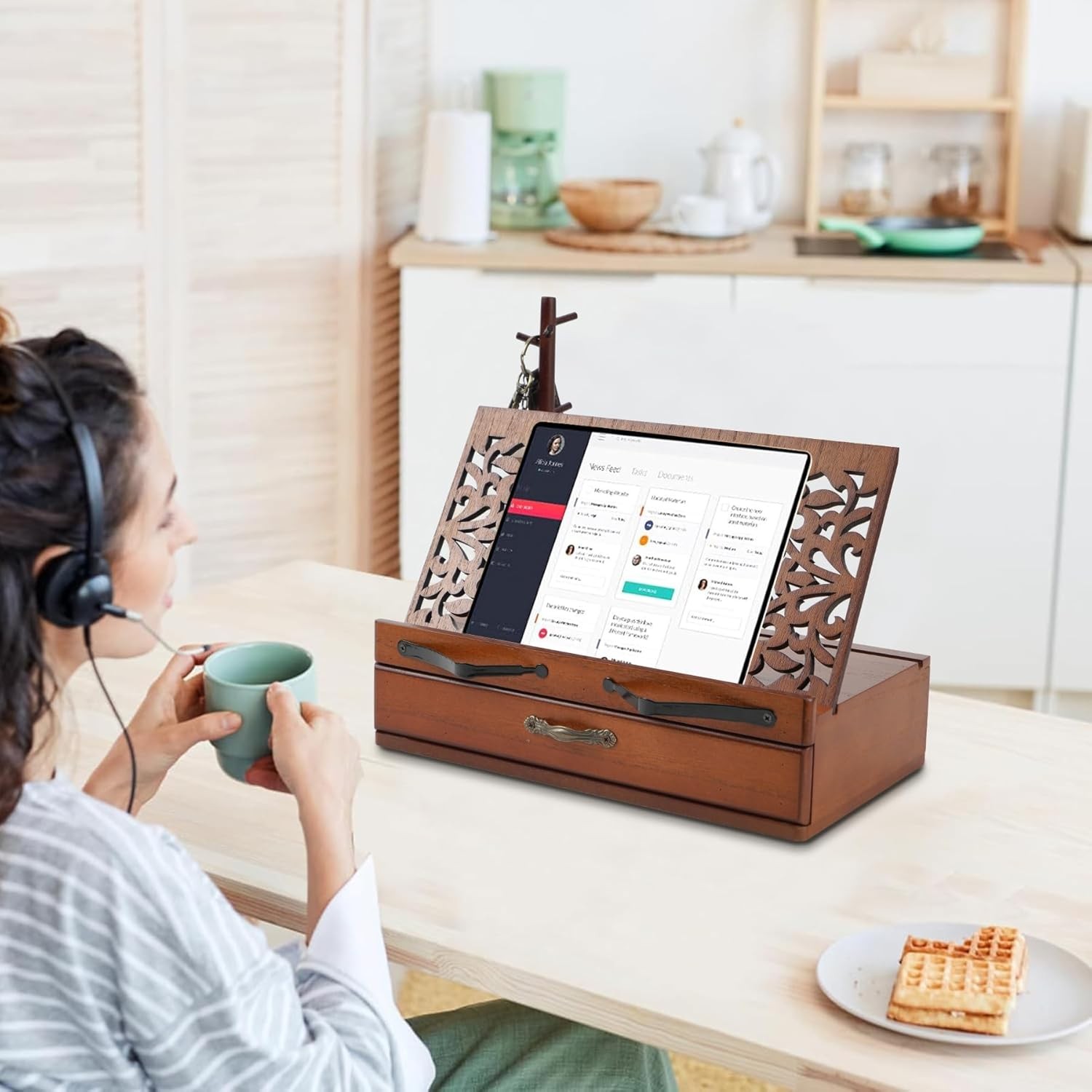 Adjustable Wooden Book Stand with Storage - Multi-Function Hands Free Brown