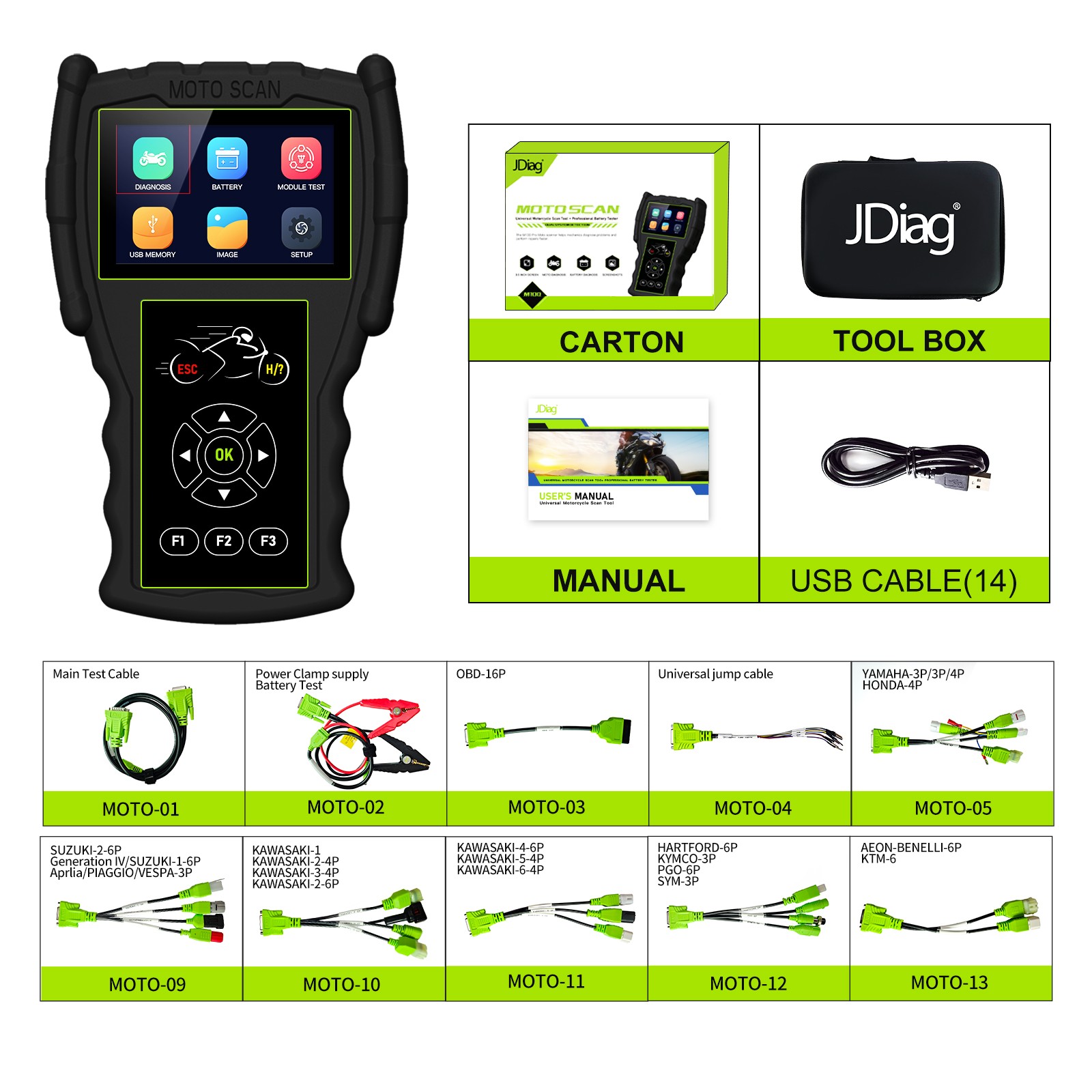 JDiag M100 PRO Motorcycle Diagnostic Tool Read/Erase Fault Code Battery Tester