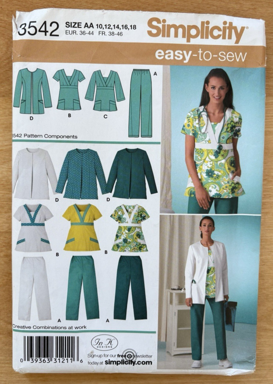 Simplicity 3542 Misses Scrub Pants Top Jacket Sizes 10 12 14 16 18 UNCUT