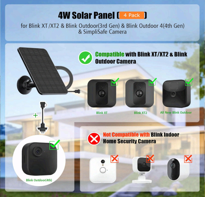 4-Pack Solar Panel for Blink Outdoor XT2/XT3/4 Camera w/Mount & 13.1ft