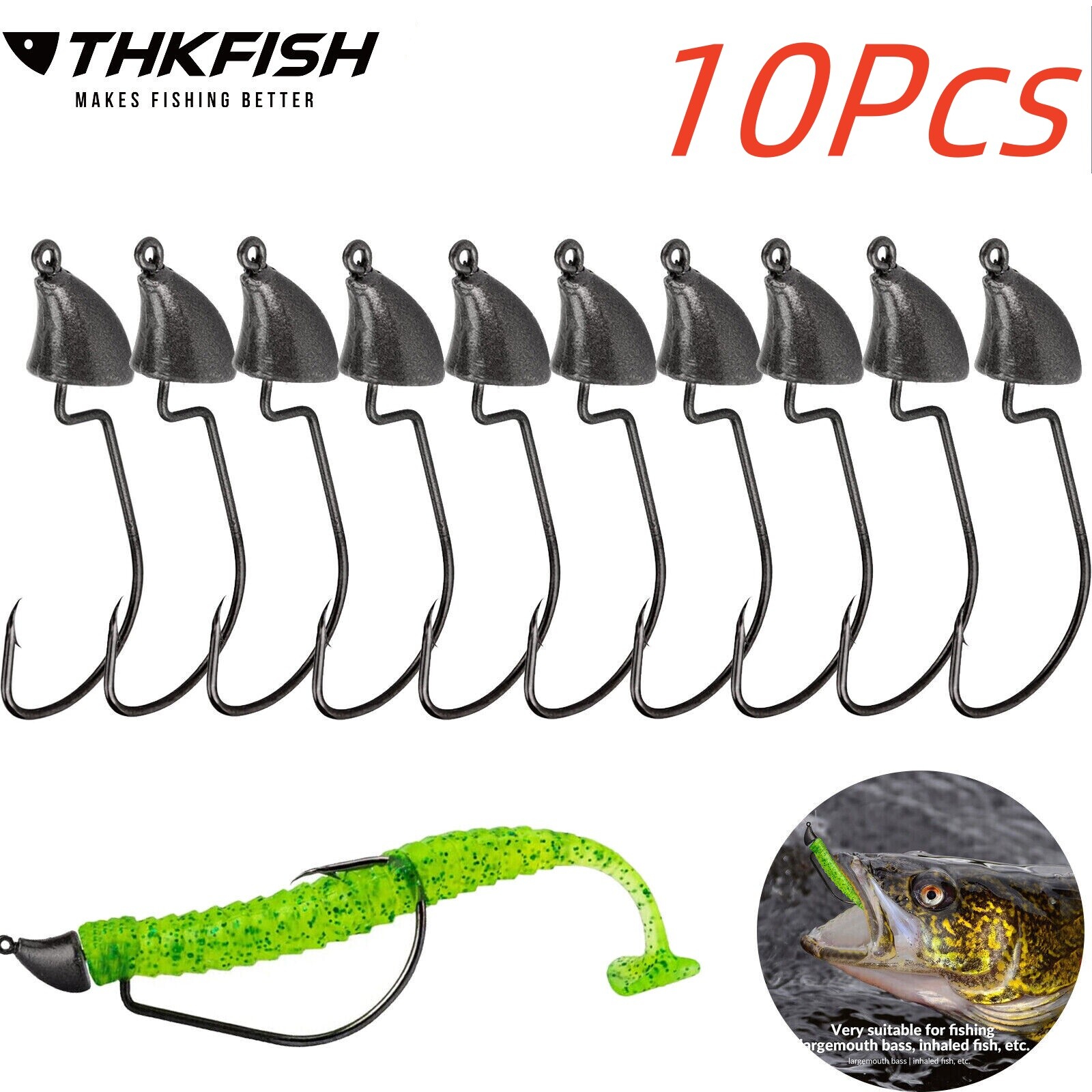 10Pcs Jig Heads Swimbait Hooks Texas Hook Weedless Offset Weighted Hook 3 Size