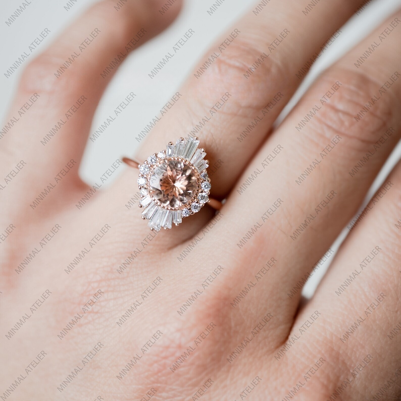 Art Deco Starburst Ballerina Morganite & Cubic Zirconia Ring,925 Sterling Silver