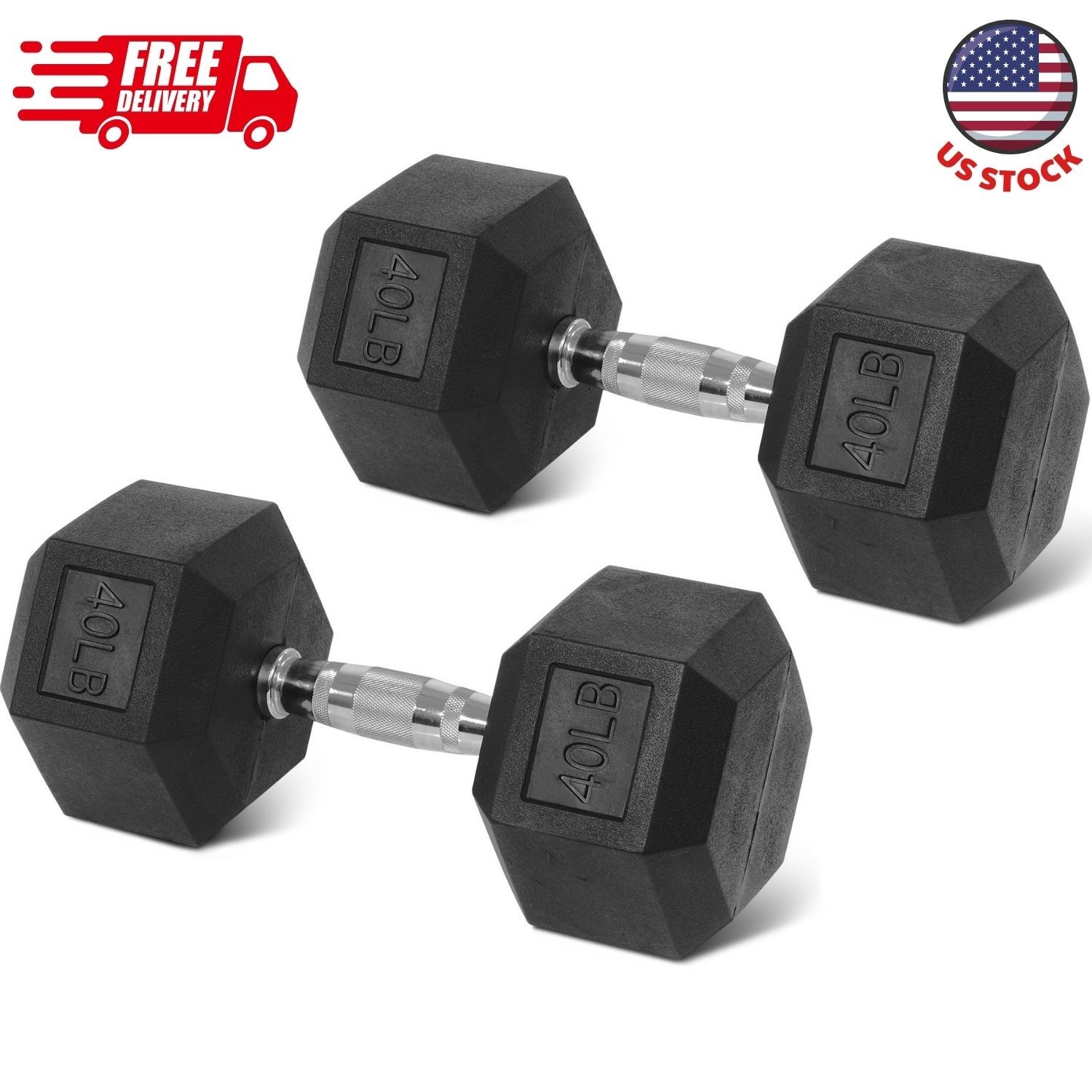 Rubber Encased Hex Dumbbells, 40 lbs Pair, Black