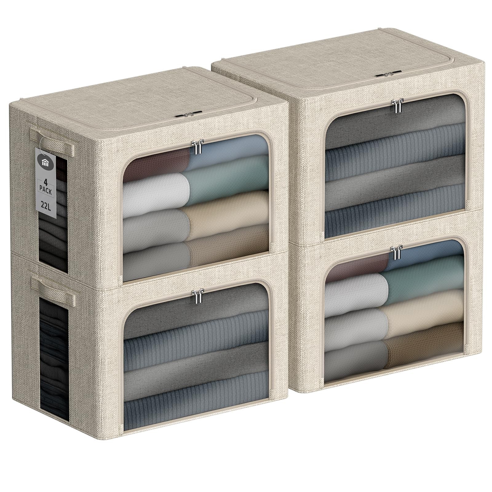 4 PCS 22L Clothes Storage Bins Metal Frame Stackable Box Lid Zipper