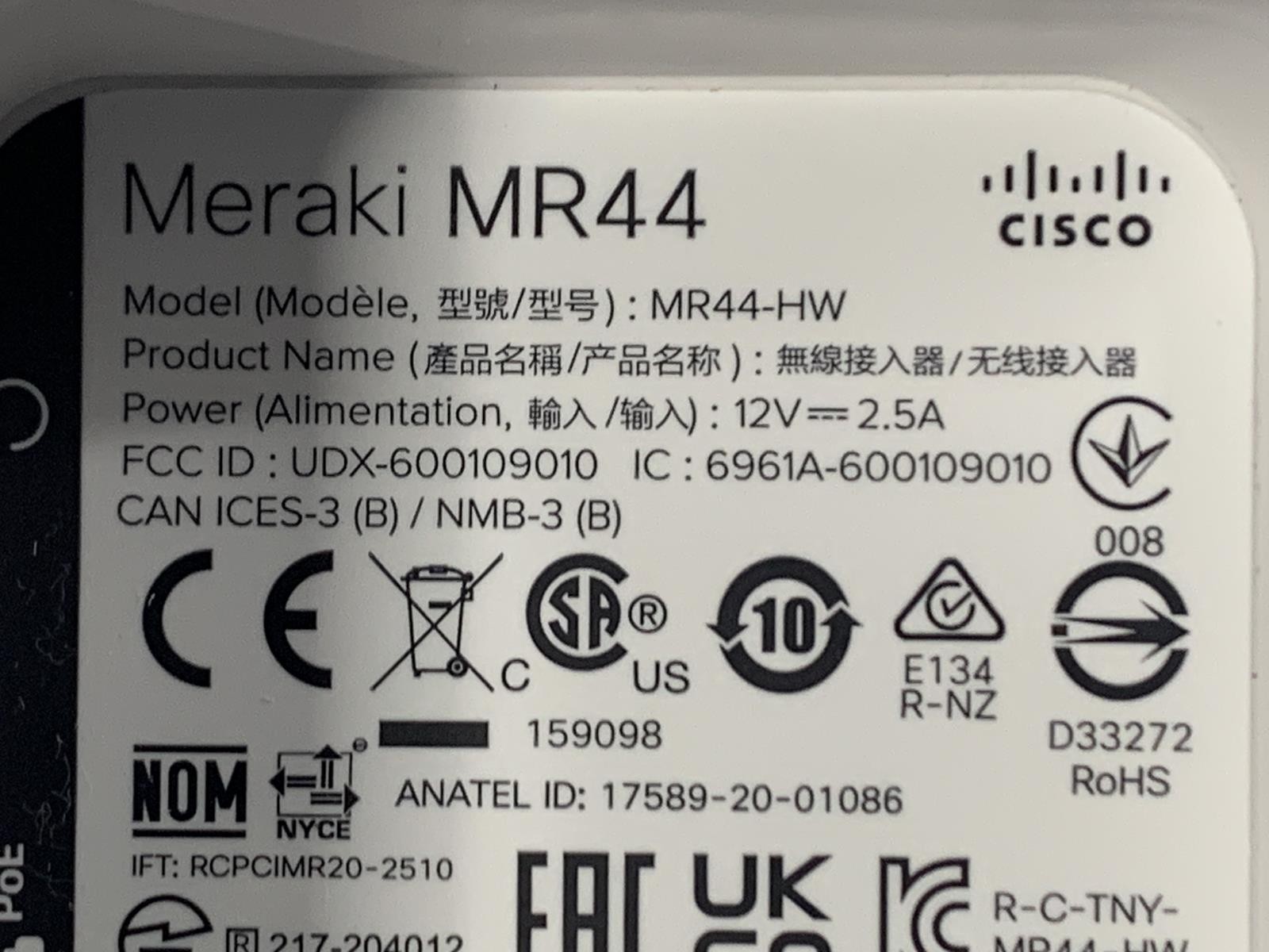 Cisco Meraki MR44 Cloud Managed Wireless Access Point MR44-HW