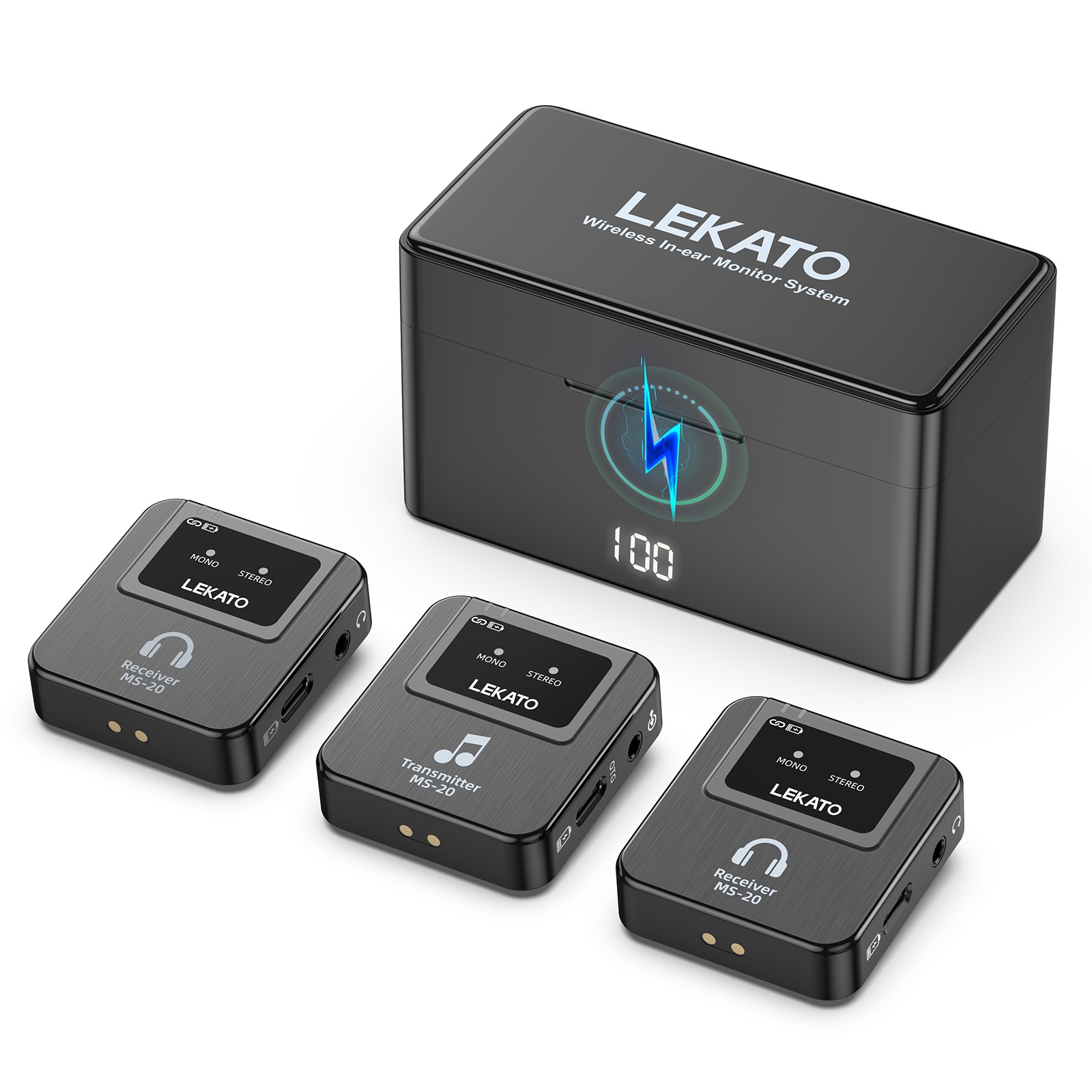 LEKATO Wireless Transmitter 2 Receiver IEM System 2.4G 150FT 30Hrs Charging Box