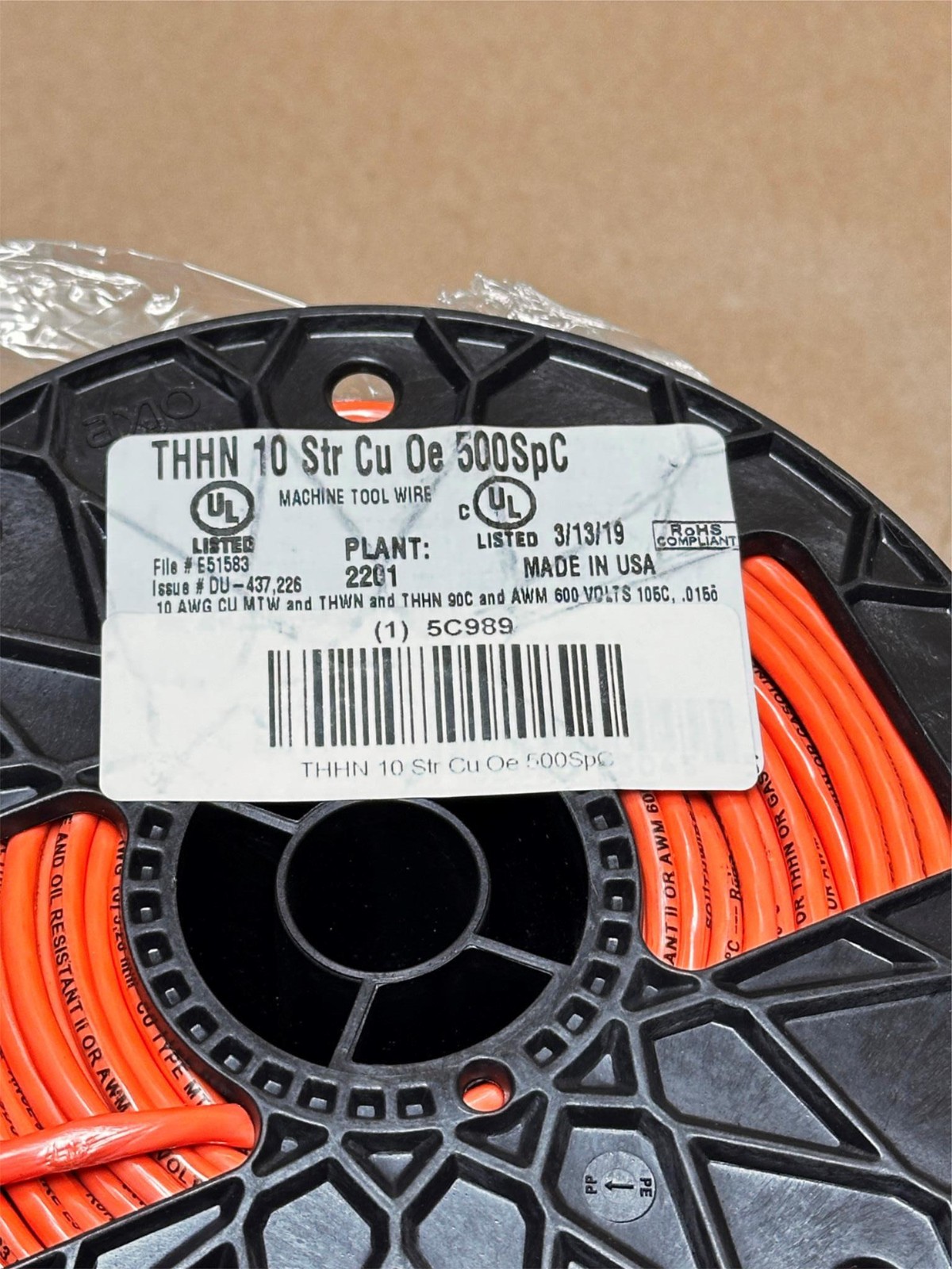 500ft Machine Tool Wire 10Str Cu THHN - ORANGE 600V USA