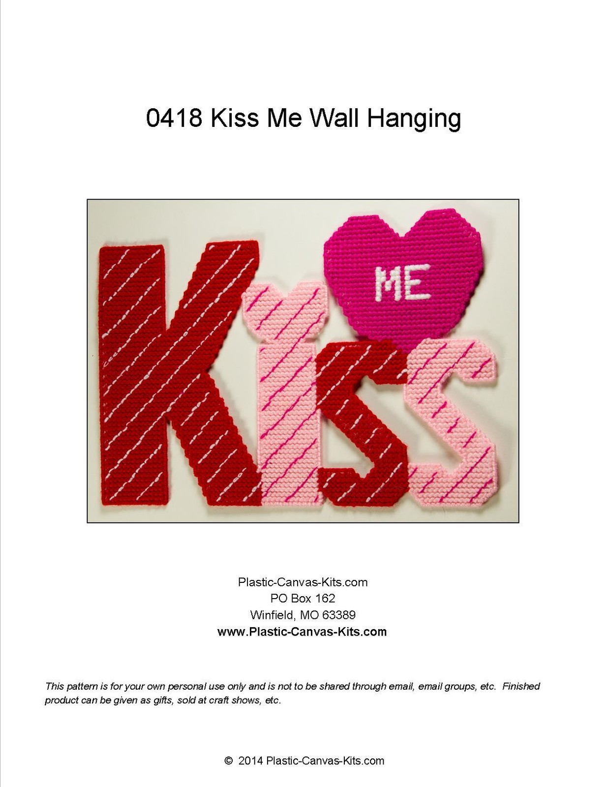 Valentine's Day Kiss Me Wall Hanging- Plastic Canvas Pattern or Kit