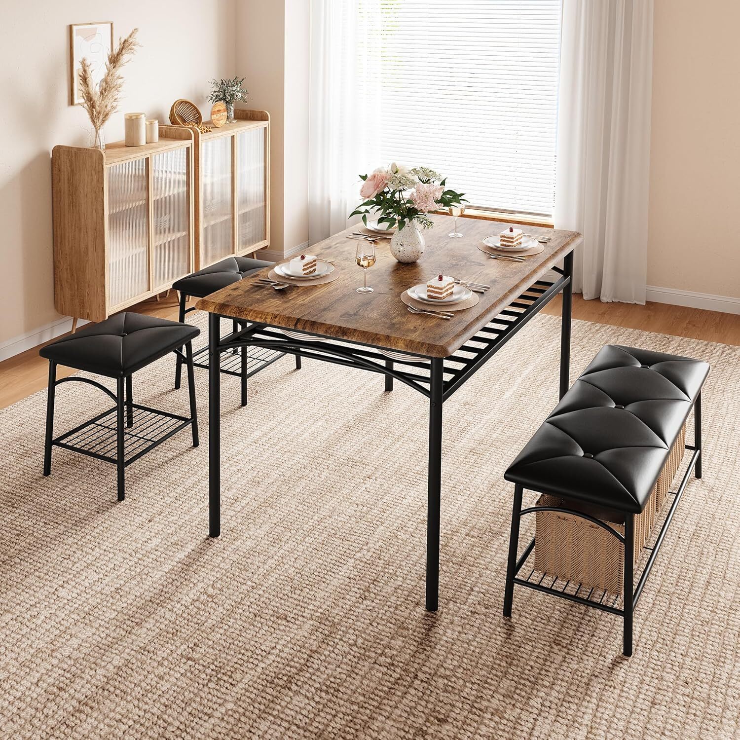 Dining Table Set for 4 with Upholstered Benches and Stools Kitchen Table Storage