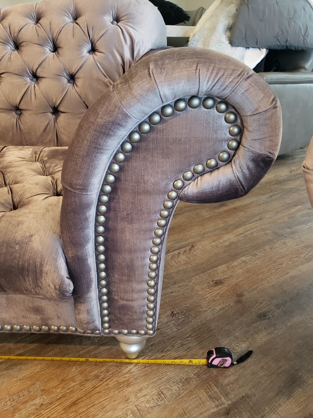 gray velvet tufted sofa And Matching Chair