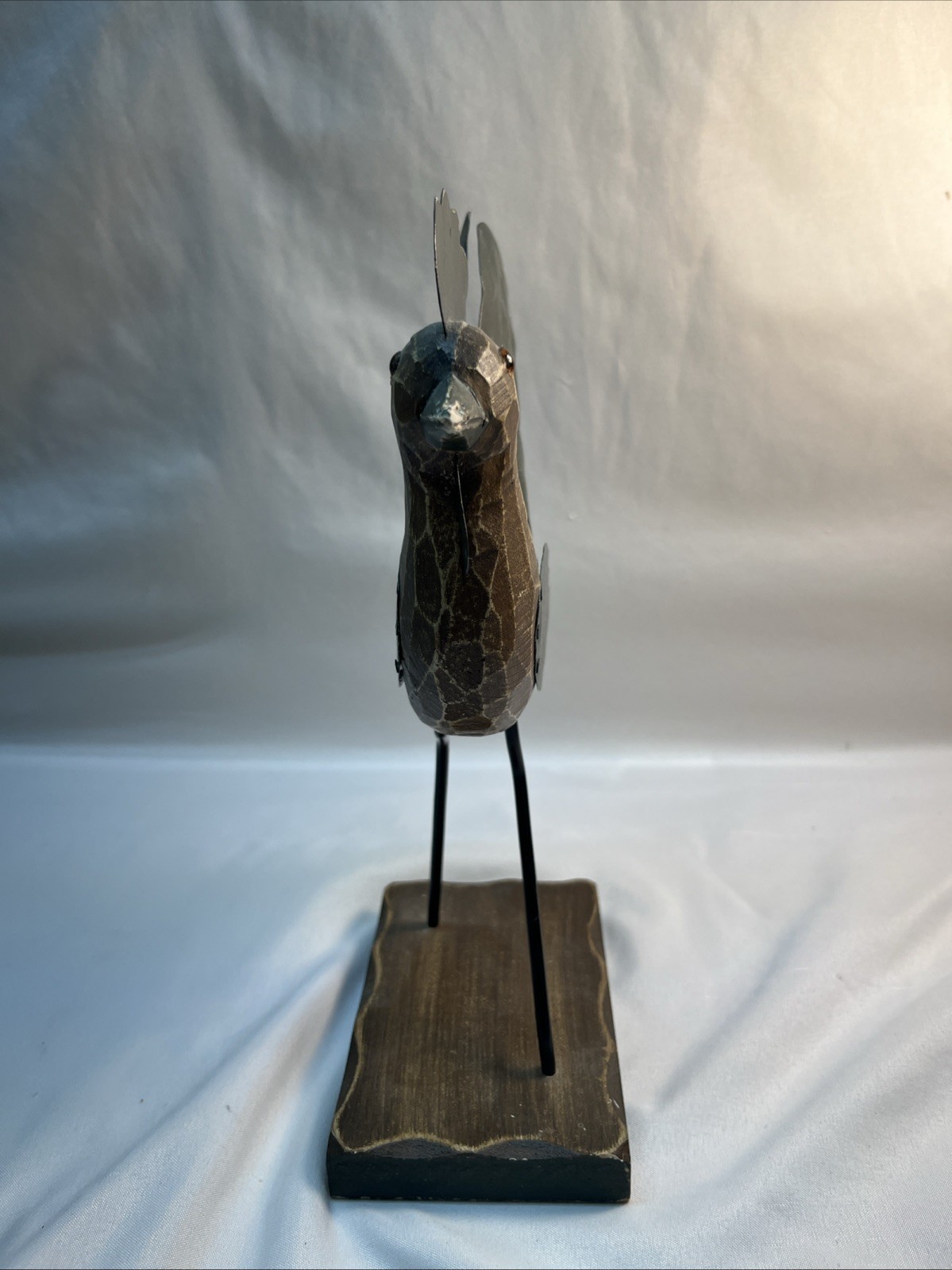 Metal And Wooden Chicken. 9 Inches Tall On Wooden Stand. Green Brown In Color.
