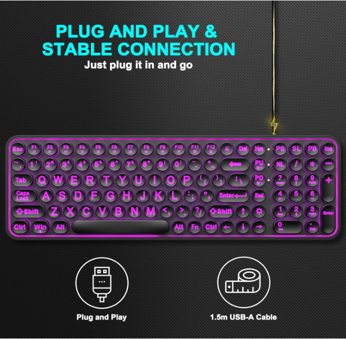 Large Print Backlit Keyboard, Wired USB Lighted Computer Keyboards with 7-Color