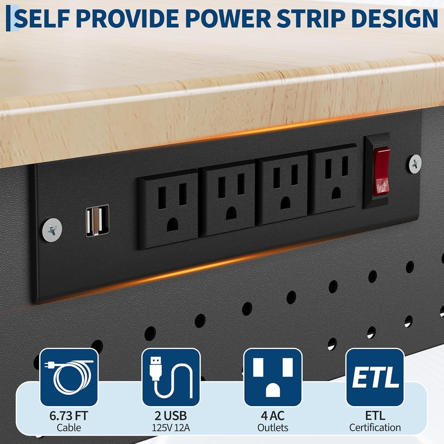 48 x 24” Adjustable Workbench with Pegboard Power Outlets Work Bench 125V 12A