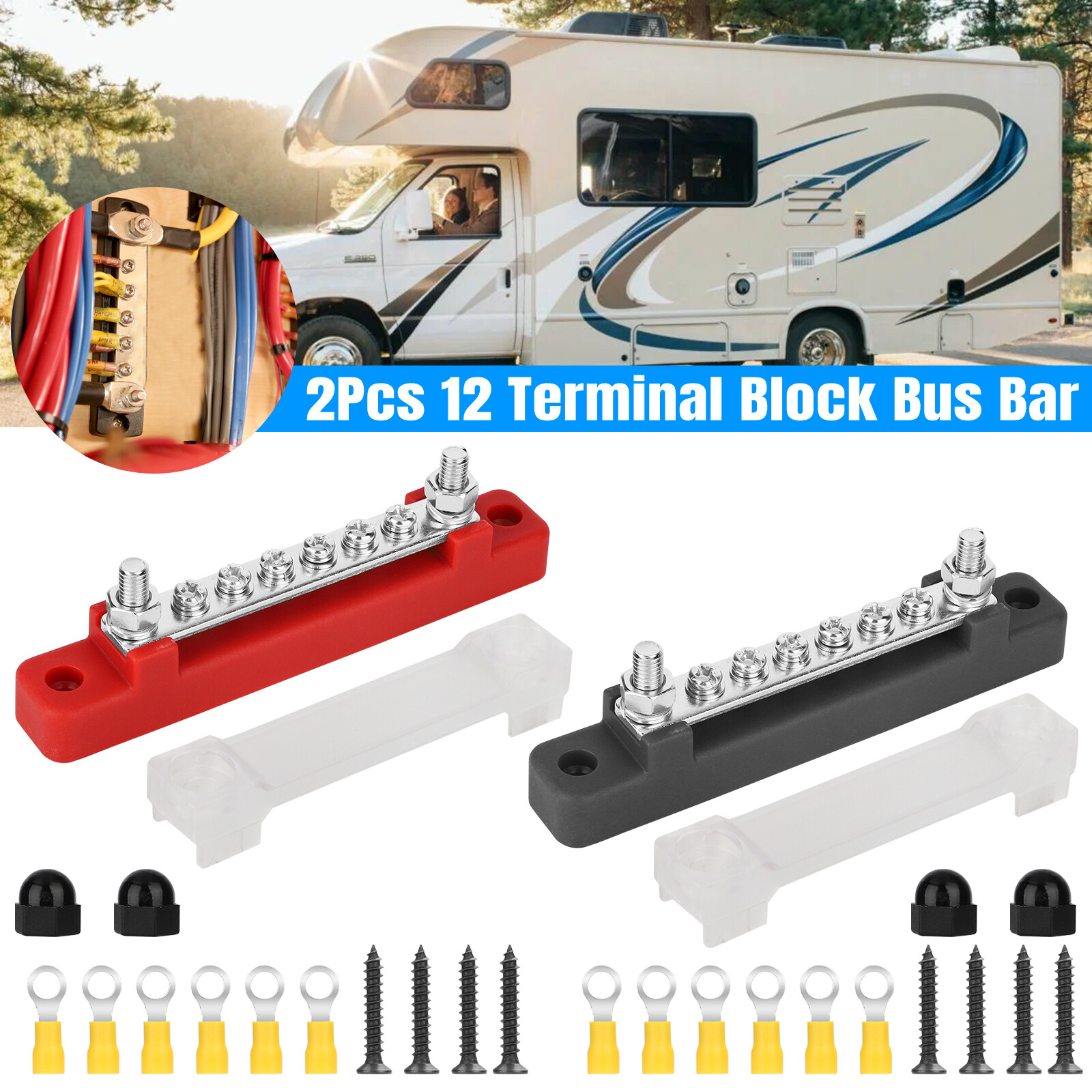 2Pcs 12 Terminal Block Bus Bar Auto Car Boat Power Distribution Block With Cover