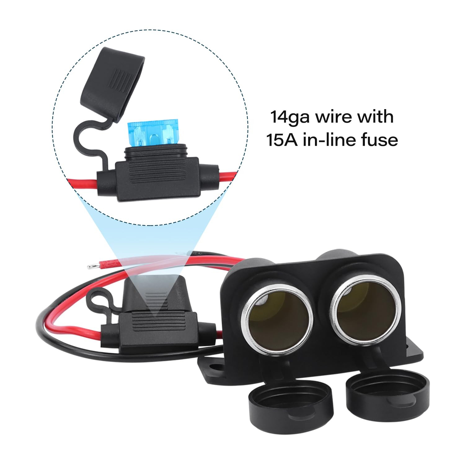 DC 12V Cigarette Lighter Socket with Blade Fuse 15A, 2 Socket Cigarette Lighter
