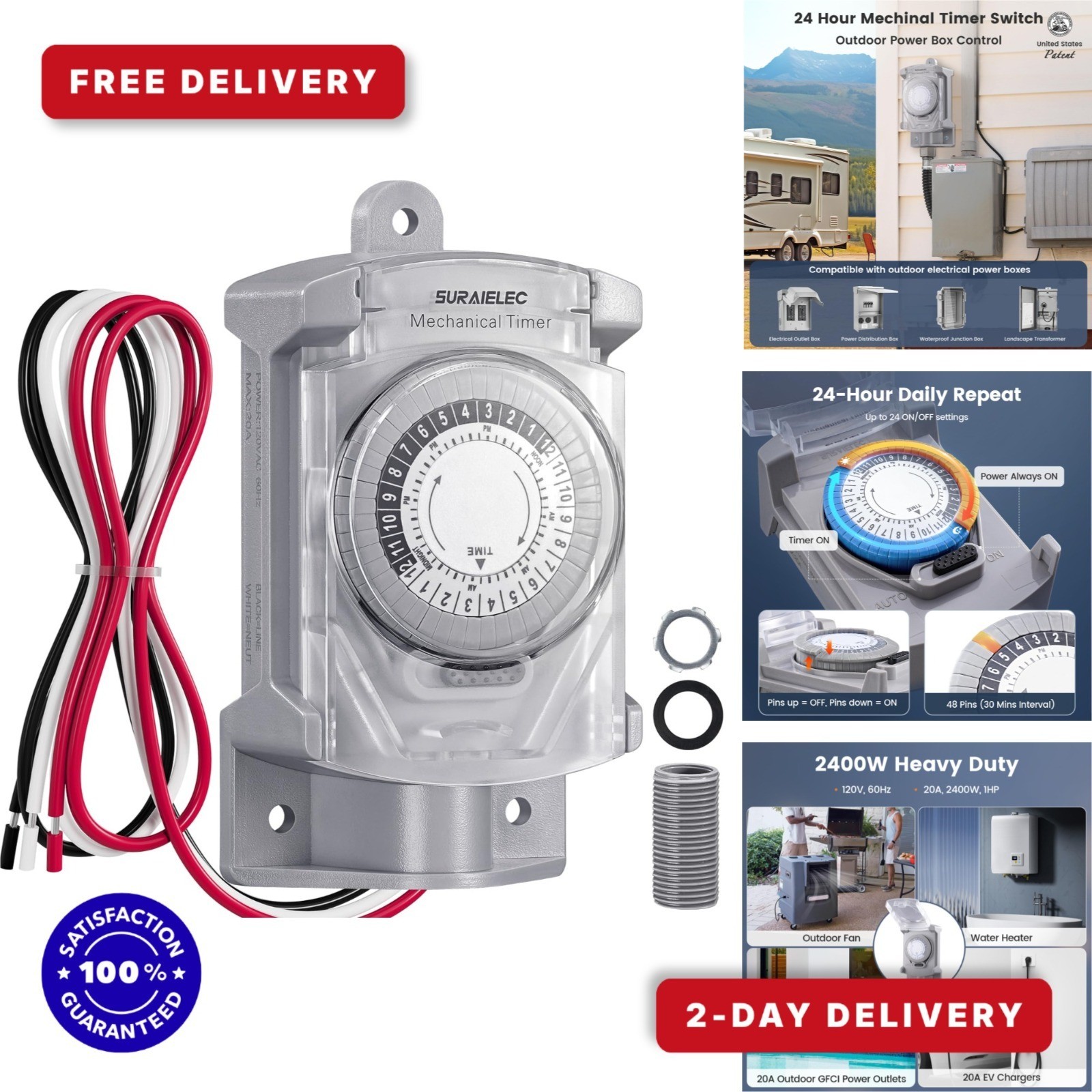 SURAIELEC 20 AMP Mechanical Timer Switch for Outdoor Electrical Boxes