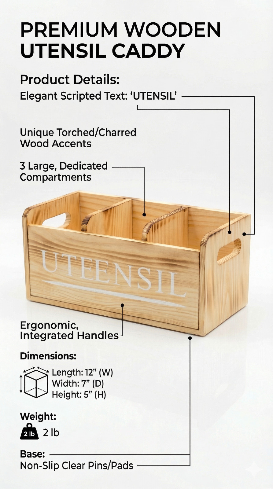 Premium Solid Wood Organizer Box with Divider – 12 × 7 × 5 in, 2 lb – Multi-Purp
